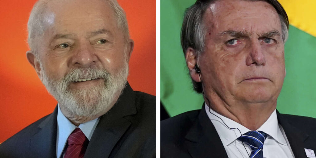 Brazil's former president, who is running for re-election, Luiz Inacio Lula da Silva, left, appears in Sao Paulo, Brazil, July 3, 2022, and Brazilian President Jair Bolsonaro, right, attends a meeting on June 9, 2022 in Los Angeles. Brazilians will go to the polls in October and they will have the choice between re-electing Bolsonaro or bringing back former president da Silva.