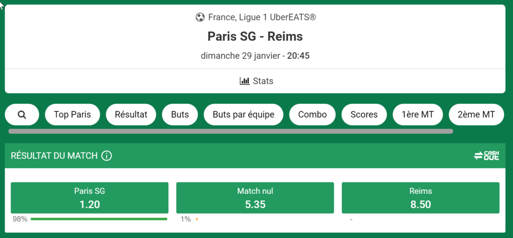 Unibet odds for PSG - Reims